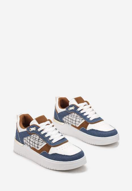 Granatowe Sneakersy Ozdobione Wstawką z Tweedowego Materiału Saini