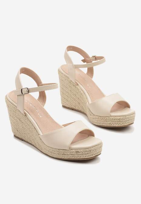 Beżowe Sandały na Plecionym Koturnie z Wkładką ze Skóry Naturalnej Devaraie