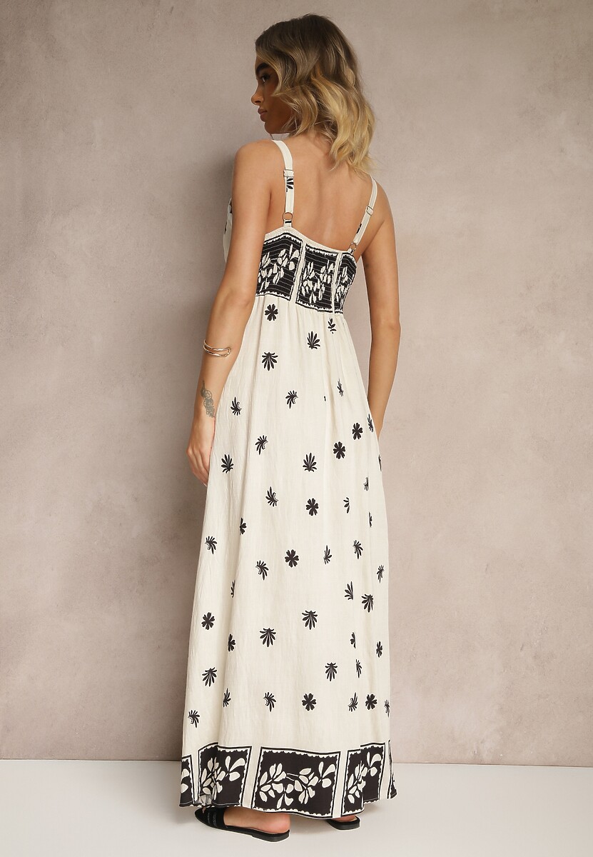 Beżowa Sukienka z Wiskozy Ozdobiona Geometrycznym Motywem Lunessa