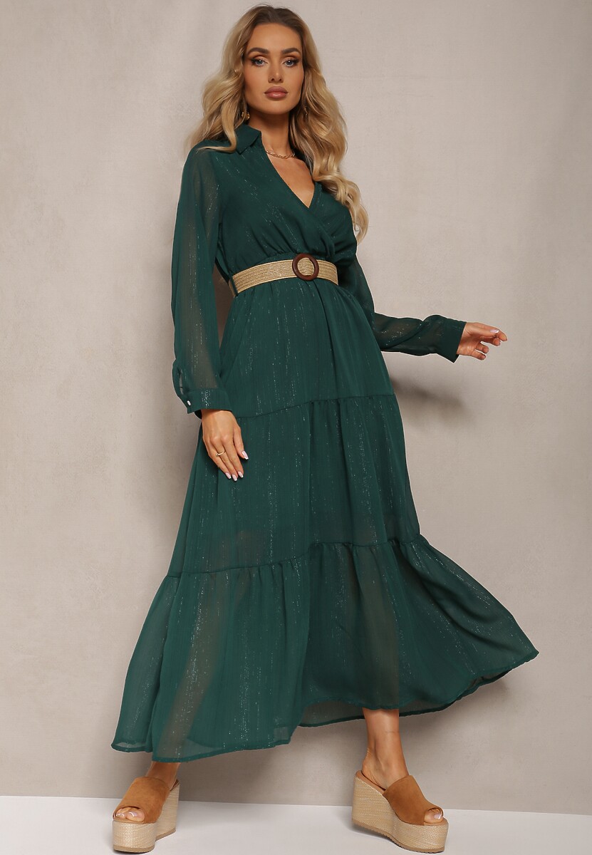 Ciemnozielona Sukienka z Kopertowym Dekoltem i Plecionym Paskiem Velo
