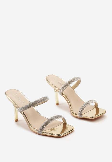 Złote Wsuwane Klapki na Cienkiej Szpilce z Ozdobnymi Cyrkoniami Quesinia