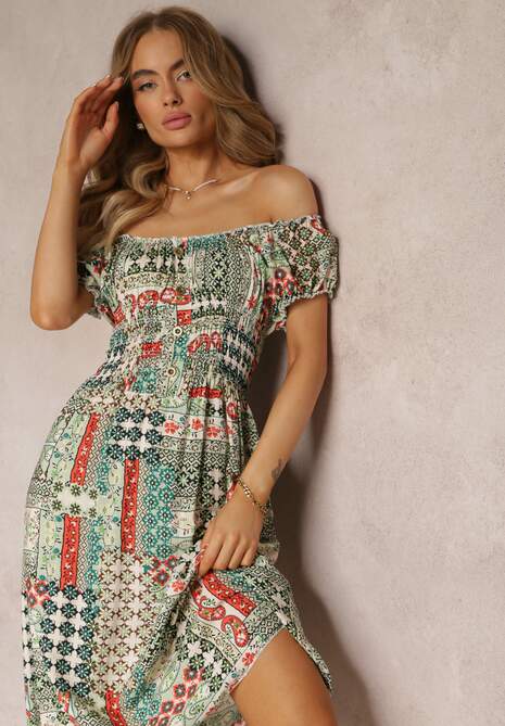 Jasnozielona Sukienka Midi Hiszpanka z Gumkami w Talii z Wiskozy Naomita