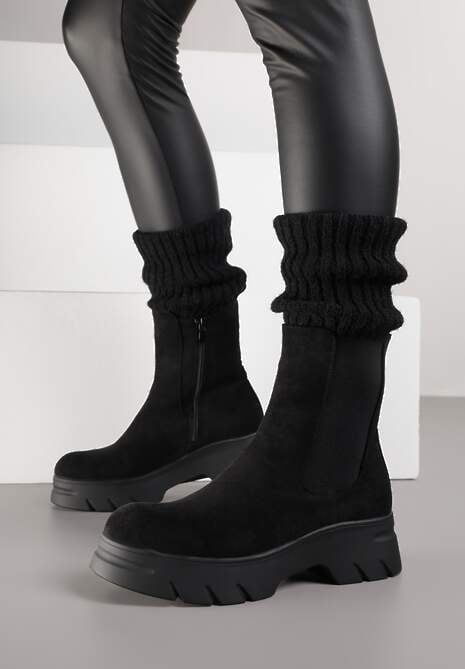 Czarne Botki Sztyblety na Platformie z Elastyczną Cholewką Mavita