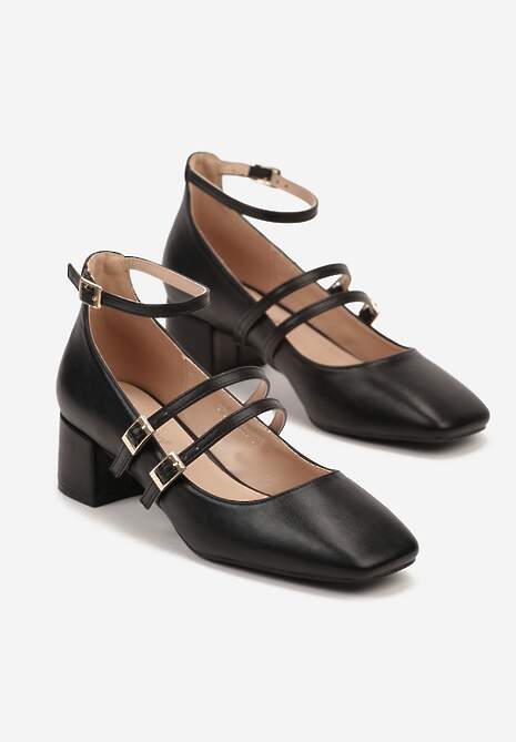 Czarne Czółenka Wykończone Paseczkami i Kwadratowym Noskiem Hregelia