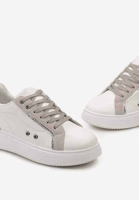 Biało-Szaro Sneakersy z Metalicznymi Wstawkami na Grubej Podeszwie Amoone
