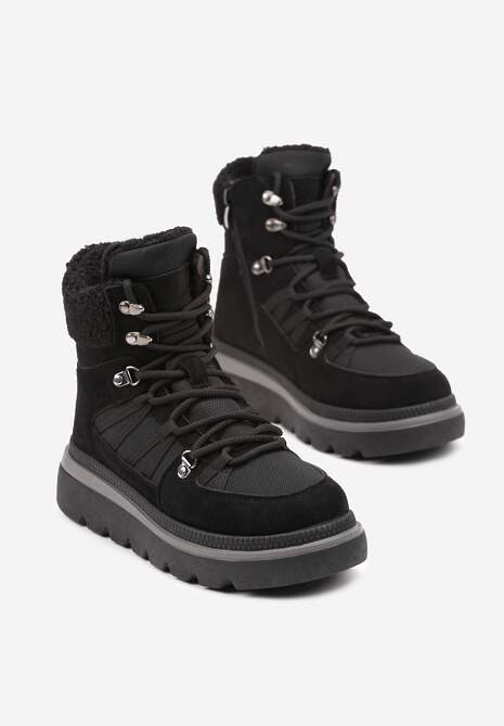 Czarne Futerkowe Traperki na Niskiej Platformie Linivora