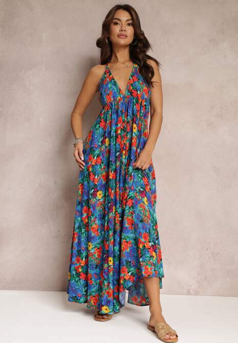 Niebieska Kwiecista Sukienka Maxi z Wiskozy z Wiązaniem na Szyi i Plecach Lunka