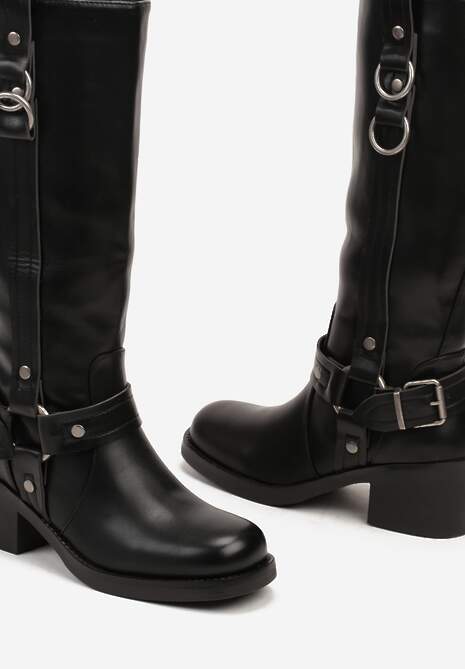 Czarne Kozaki na Słupku w Stylu Bikerów z Klamrami Velarisea