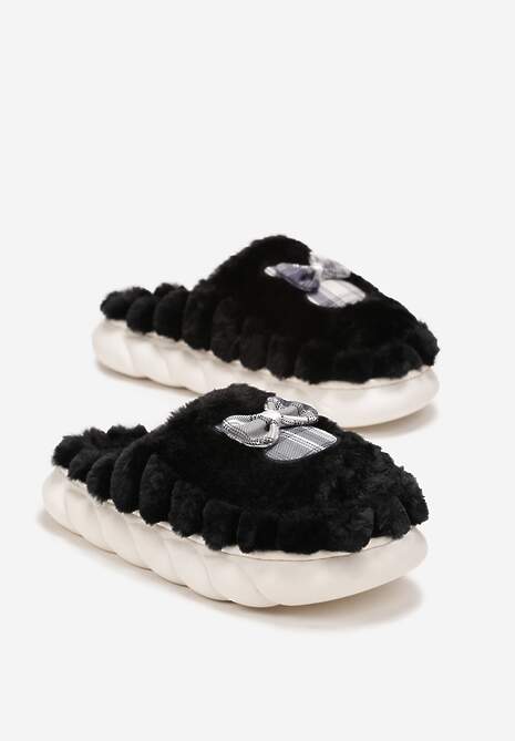 Czarne Futrzane Kapcie na Platformie z Kokardką Oivio
