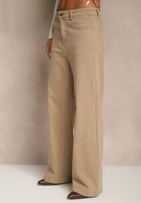 Beżowe Bawełniane Jeansy Regular Waist z Szerokimi Nogawkami Nindria