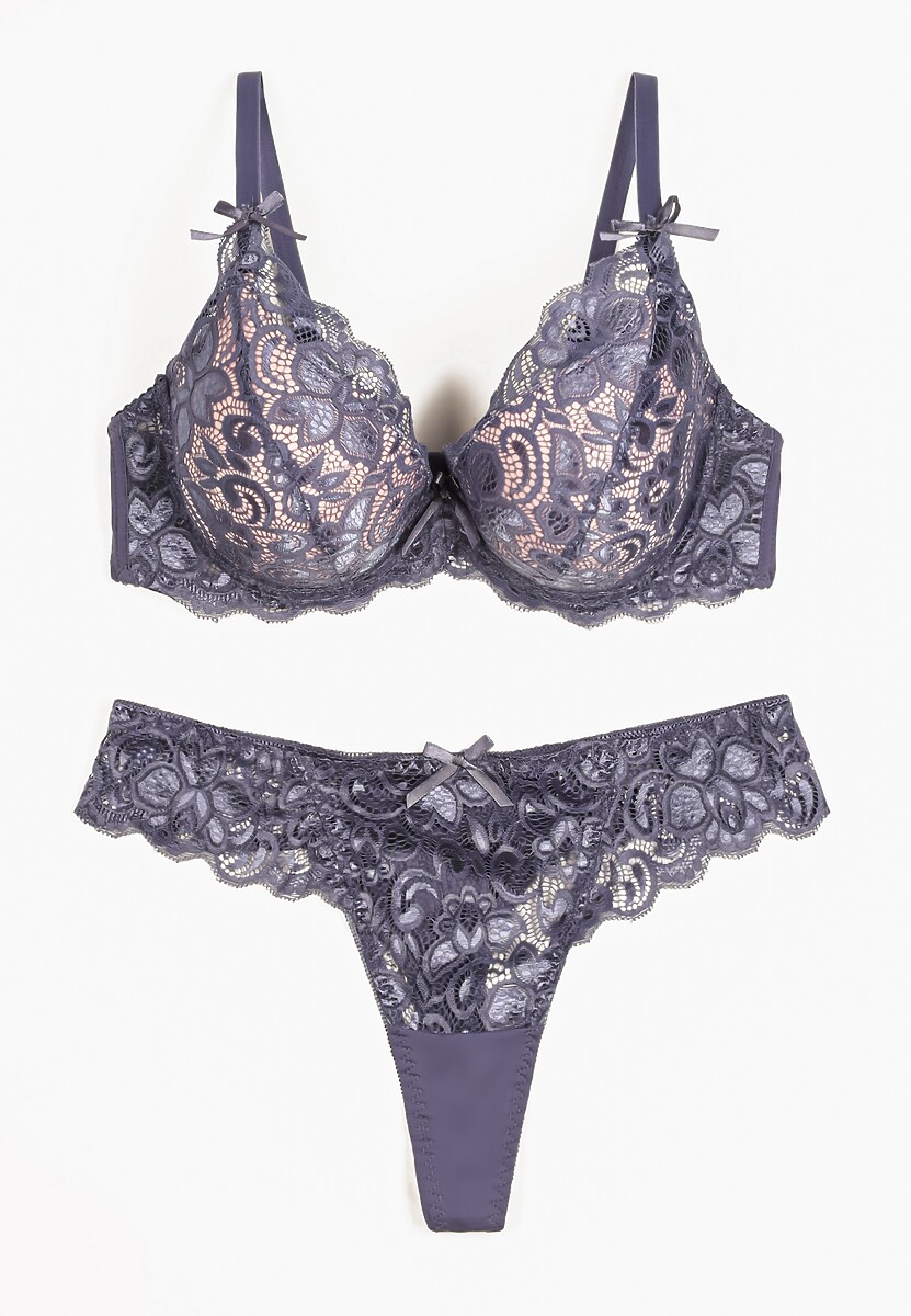 Jasnobeżowy Komplet Bielizny z Koronką i Kokardkami Biustonosz i Stringi Nasorinne