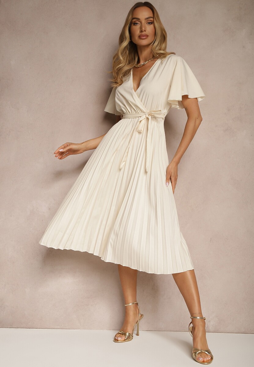 Jasnobeżowa Sukienka Wiązana w Talii z Plisowaniem na Dole Dorseki