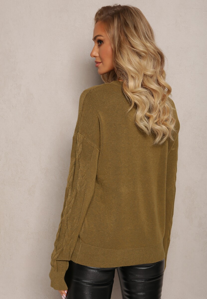 Ciemnozielony Warkoczowy Sweter z Długim Rękawem i Ściągaczami Kaviss