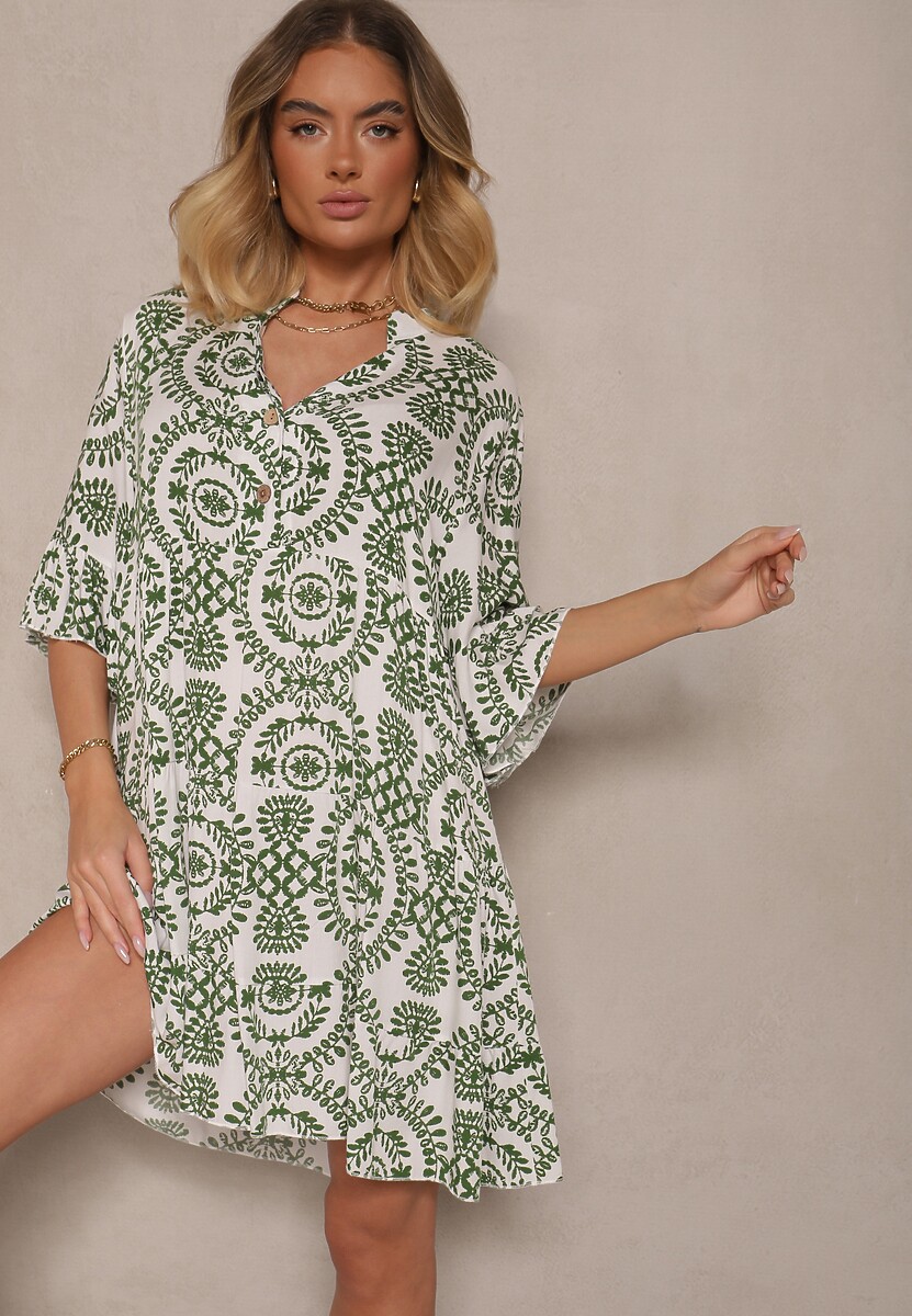 Zielona Sukienka z Bawełny o Rozkloszowanym Kroju Ozdobiona Guzikami Janivra
