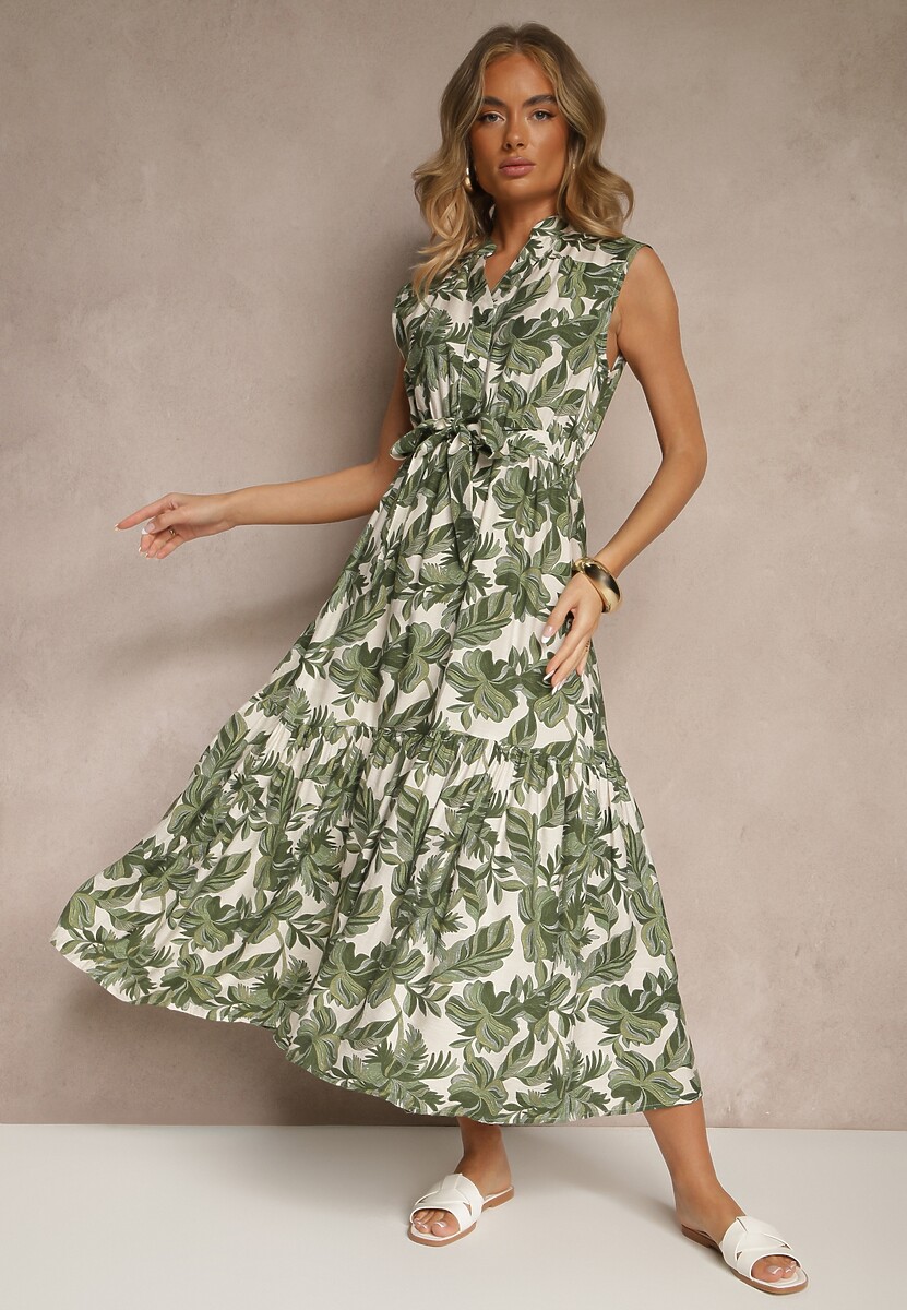 Niebieska Wiskozowa Sukienka o Rozkloszowanym Kroju Bez Rękawów z Wiązaniem Revalisse