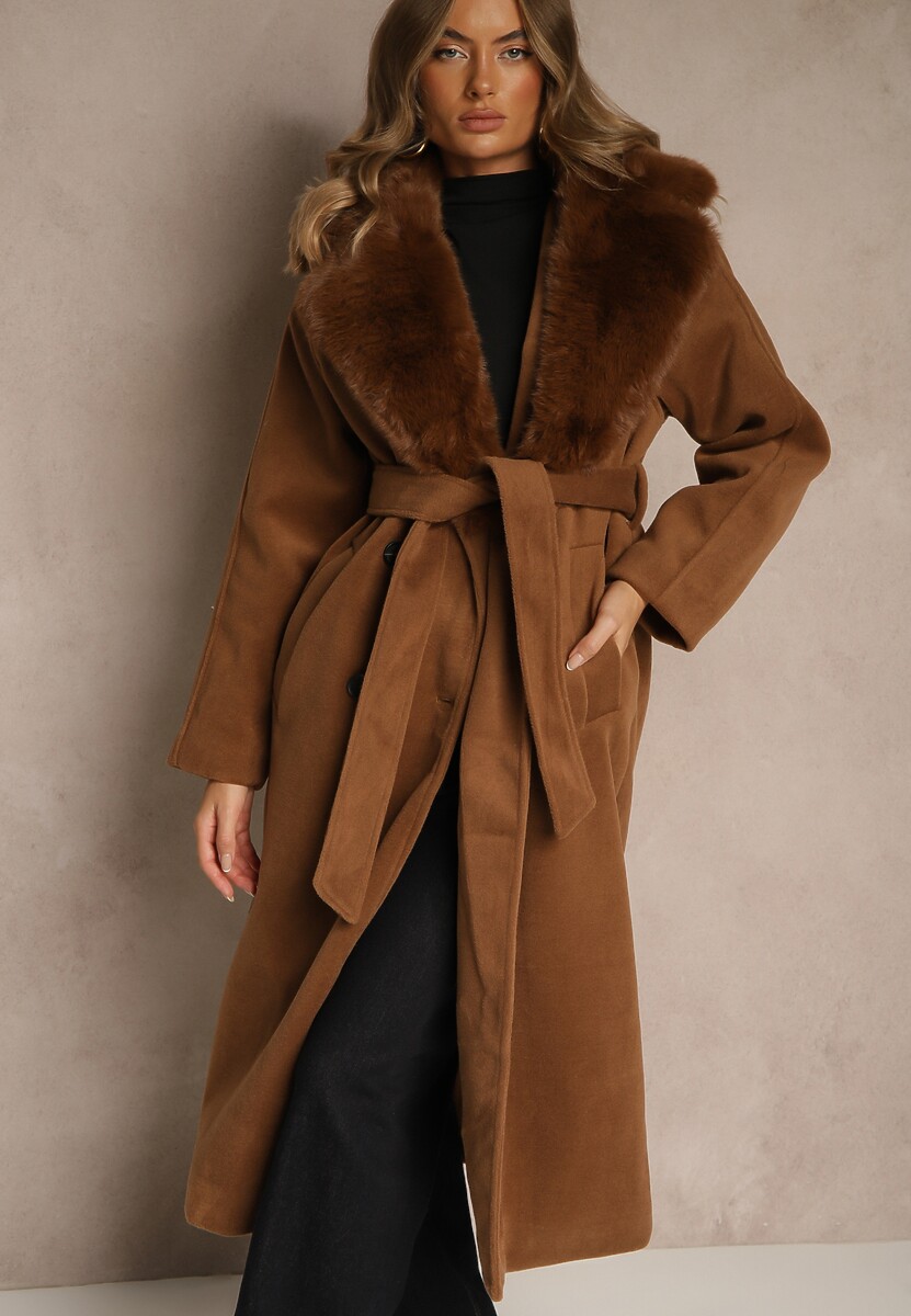Brązowy Dwurzędowy Płaszcz Elegancki z Futrzanym Kołnierzem i Paskiem Ezanttia