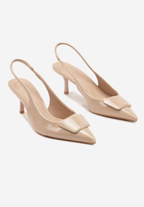 Beżowe Lakierowane Sandały Typu Slingback na Szpilce Kalivan