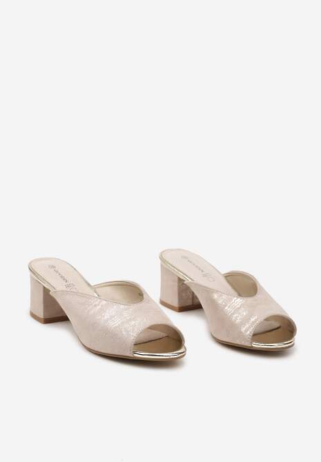 Beżowe Eleganckie Klapki na Słupku Wykończone Brokatem i Skórzaną Wkładką Zonemia