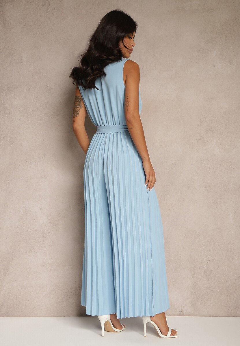 Niebieski Kombinezon Taliowany w Garniturowym Stylu z Paskiem i Guzikami Fillomia