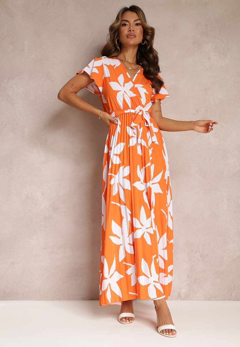 Pomarańczowa Wiskozowa Sukienka Maxi z Gumką w Talii i Plisowanym Dołem Martisa