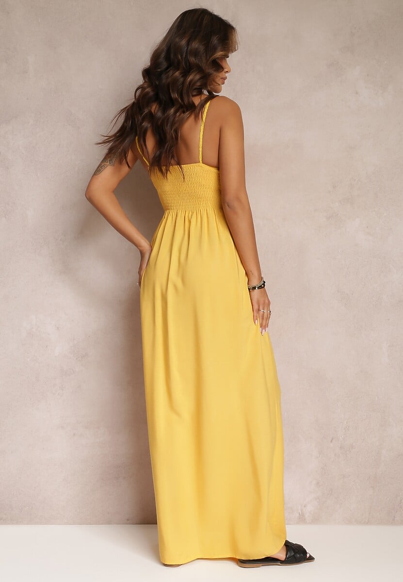 Żółta Bawełniana Sukienka Maxi z Szydełkową Górą i Gumkami na Plecach Jennesia