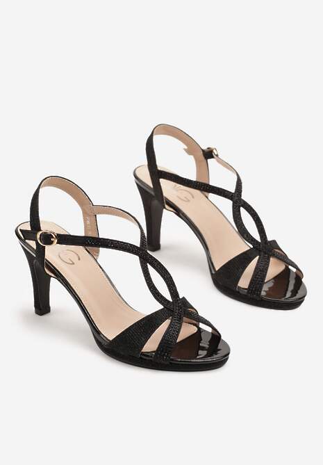 Czarne Brokatowe Sandały na Obcasie Ozdobione Paskami Clevera