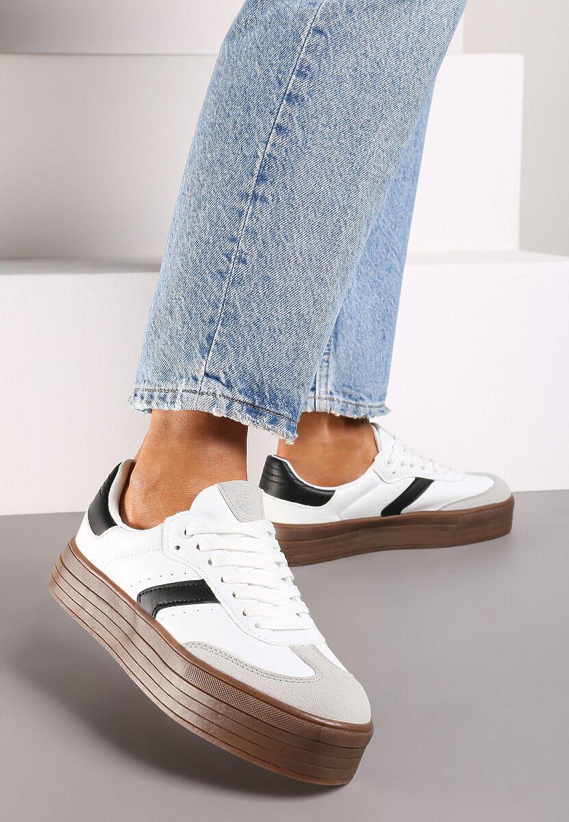 Białe Sneakersy na Niskiej Platformie z Ekozamszowymi Wstawkami Irisca