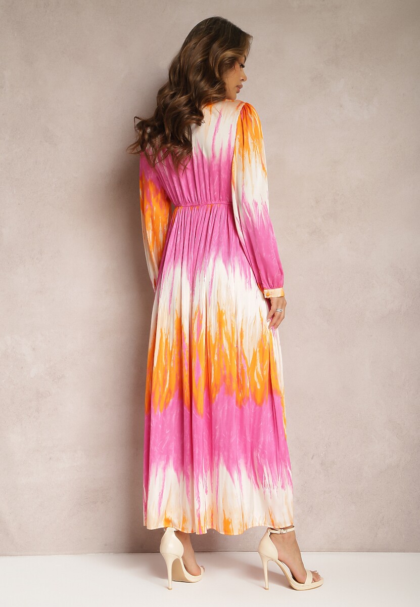 Różowo-Pomarańczowa Rozkloszowana Sukienka Maxi Satynowa z Guzikami Elvinase