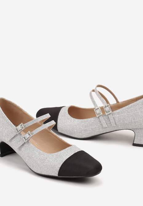 Srebrne Brokatowe Czółenka na Słupku z Paskami i Sprzączkami Navsia