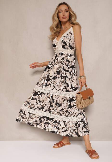 Czarna Rozkloszowana Sukienka z Bawełny w Tropikalny Print z Koronką Alulora