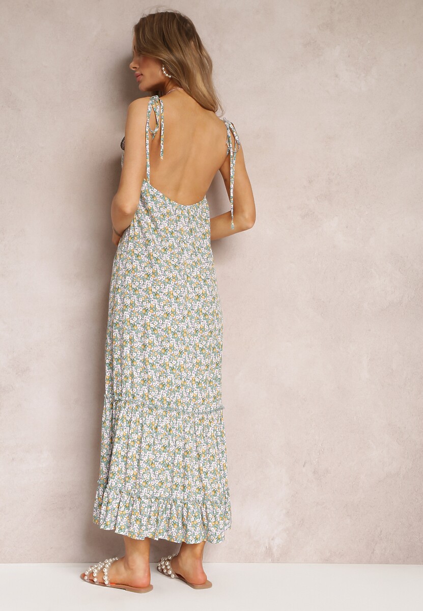 Zielona Sukienka Maxi z Wiązanymi Ramiączkami i Falbanką na Dole Krosby