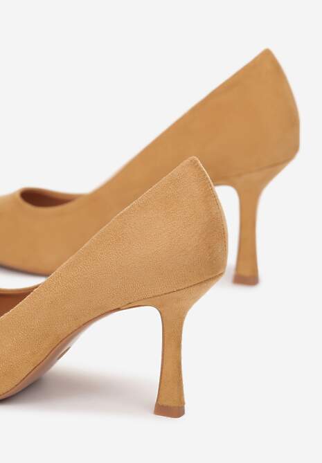 Brązowe Szpilki ze Szpiczastym Noskiem z Imitacji Zamszu Remeva