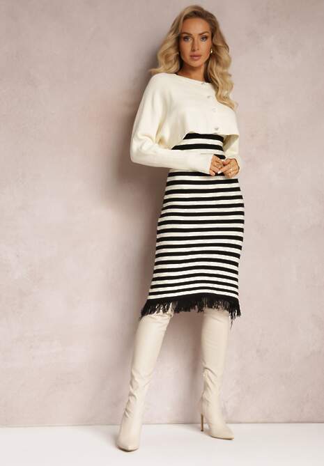 Jasnobeżowy Komplet 2-Częściowy Sukienka w Paski i Kardigan Krótki na Guziki Orivela