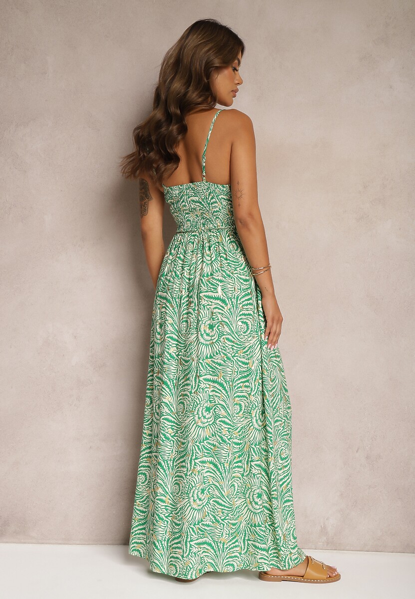 Zielona Sukienka na Regulowanych Ramiączkach z Bawełny z Dekoltem w Serek Lalvima