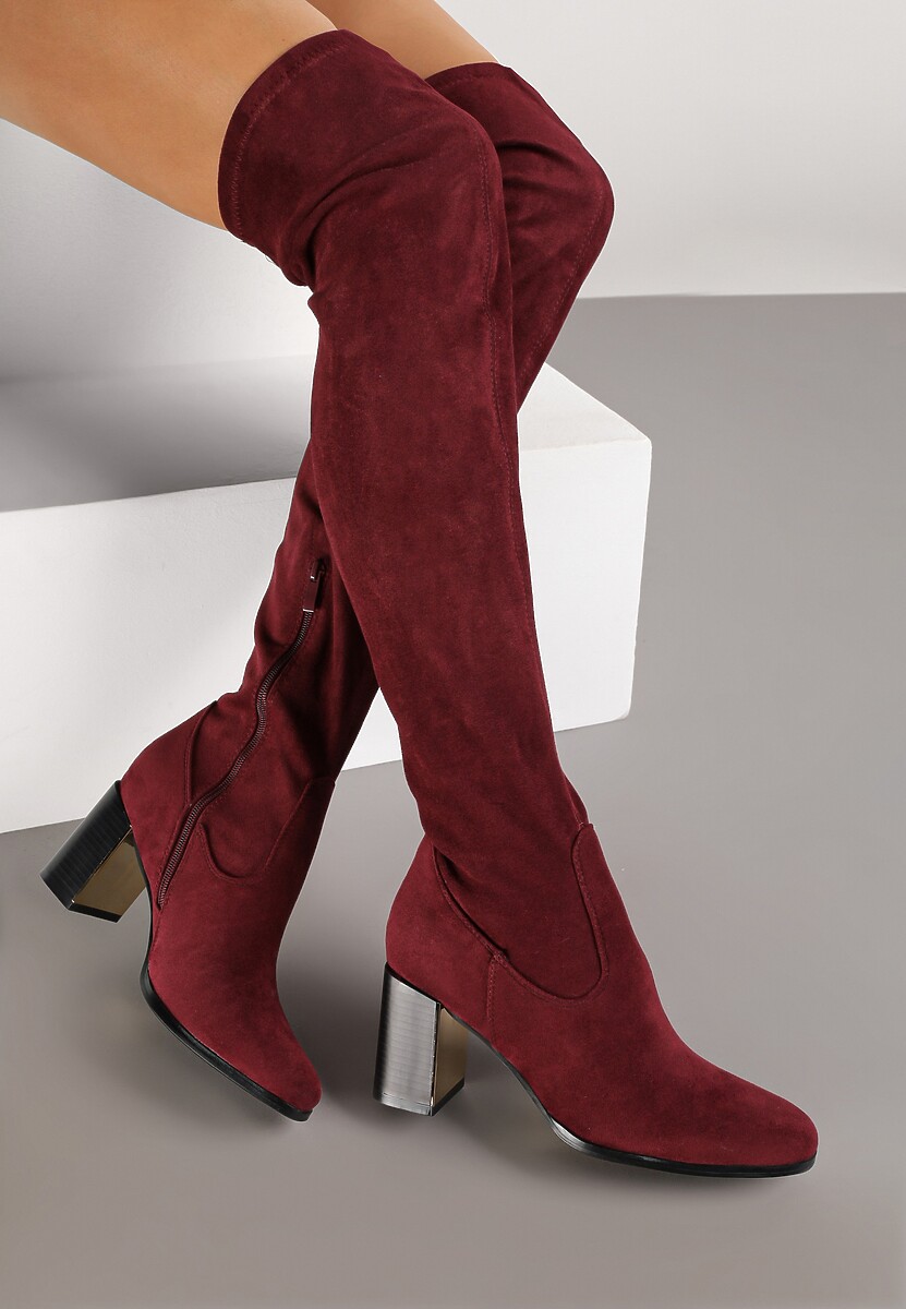 Bordowe Długie Kozaki za Kolano z Imitacji Zamszu na Metalicznym Obcasie Terephne