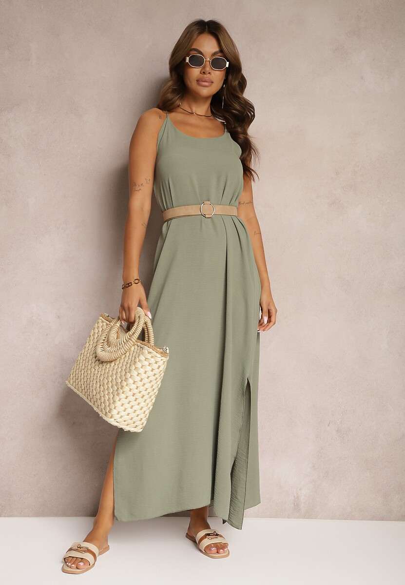 Zielona Sukienka na Ramiączkach o Taliowanym Kroju Rivatta