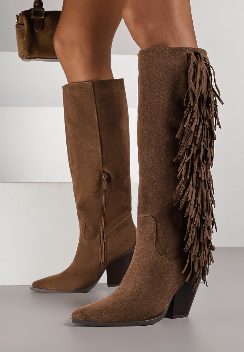 Brązowe Kozaki Kowbojki z Imitacji Zamszu z Frędzlami i Stożkowym Obcasem Rafilea