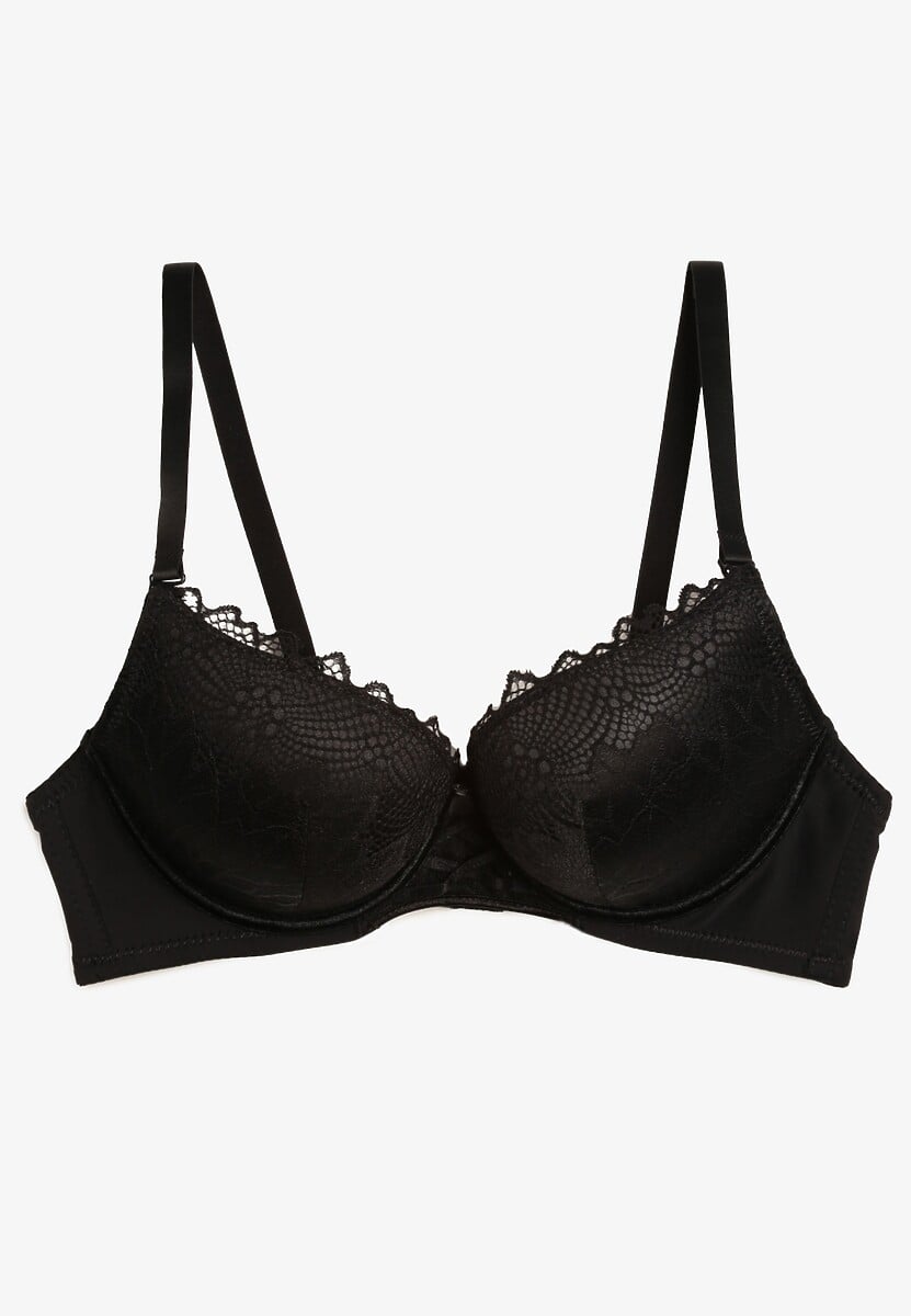 Czarny Biustonosz Push Up z Ozdobną Koronką i Zawieszką Gialine