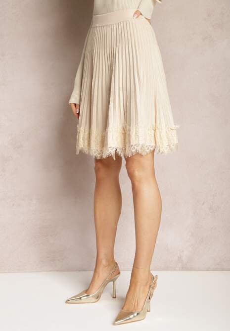Jasnobeżowa Spódnica Mini Rozkloszowana z Gumką w Talii Saniurio