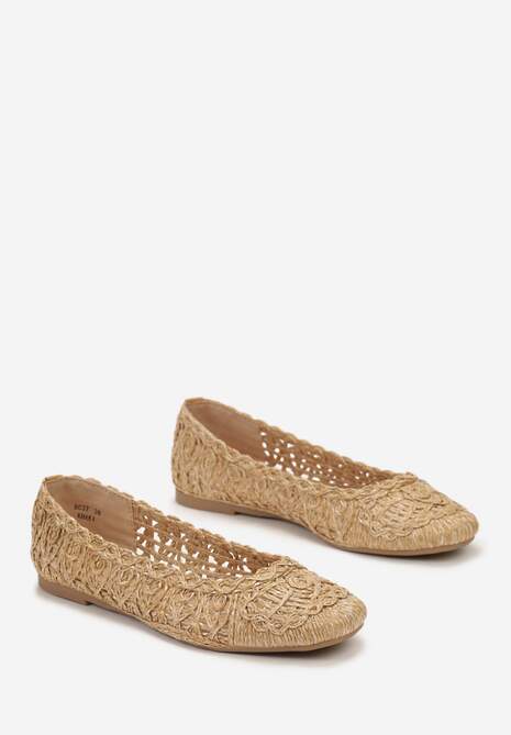 Ciemnobeżowe Balerinki na Płaskiej Podeszwie z Ażurowym Wzorem z Plecionki Erolani