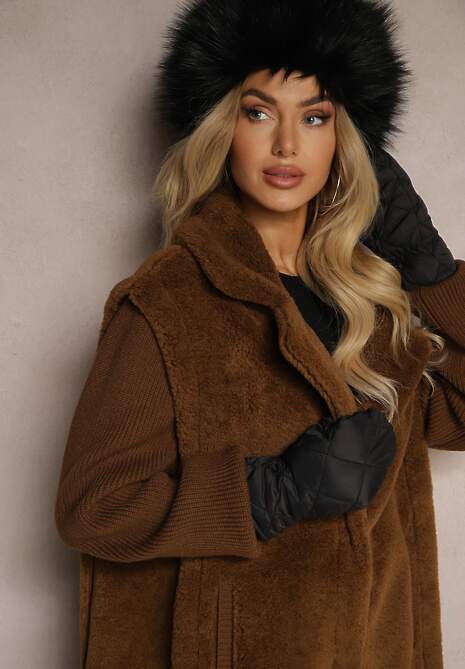 Brązowy Płaszcz Futerko z Rękawami z Dzianiny Ravileth