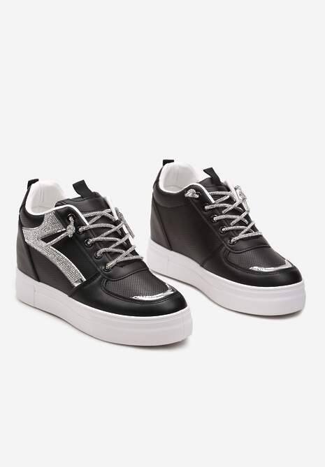 Czarne Sneakersy ze Wstawką z Cyrkonii na Ukrytym Koturnie Hricane