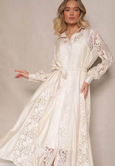 Beżowa Haftowana Wiskozowa Sukienka Rozkloszowana z Bawełną i Paskiem Zenvivi