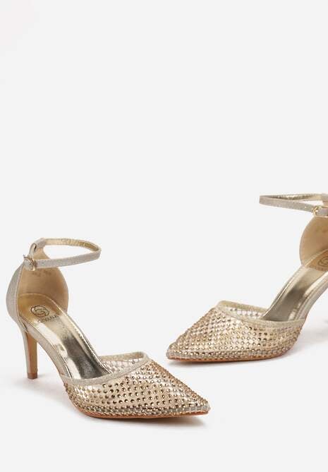 Złote Sandały na Szpilce ze Szpiczastym Noskiem z Siateczką w Cyrkonie Lioffa