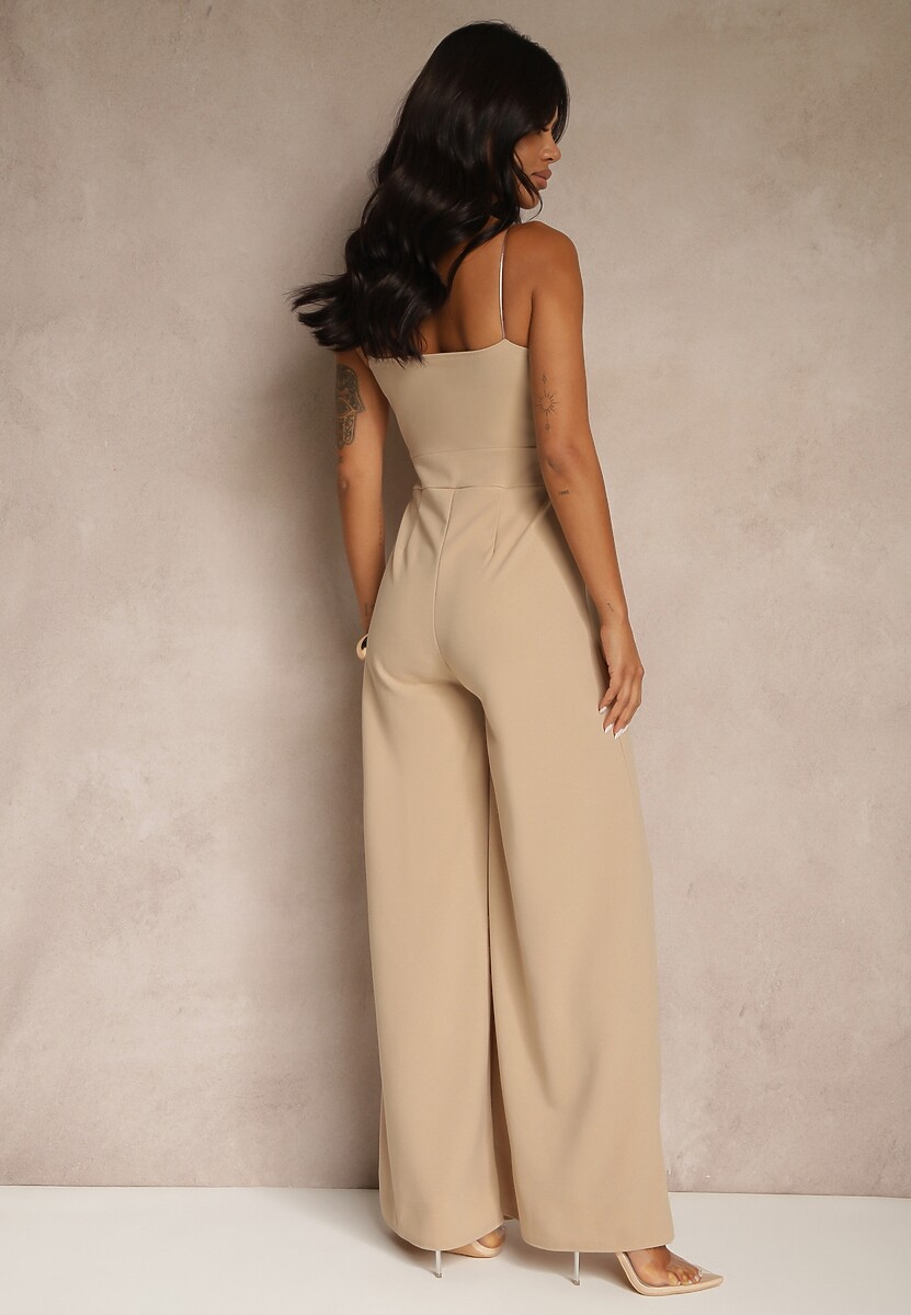 Ciemnobeżowy Kombinezon na Cienkich Ramiączkach z Kopertowym Dekoltem i Szerokimi Nogawkami Jovantia