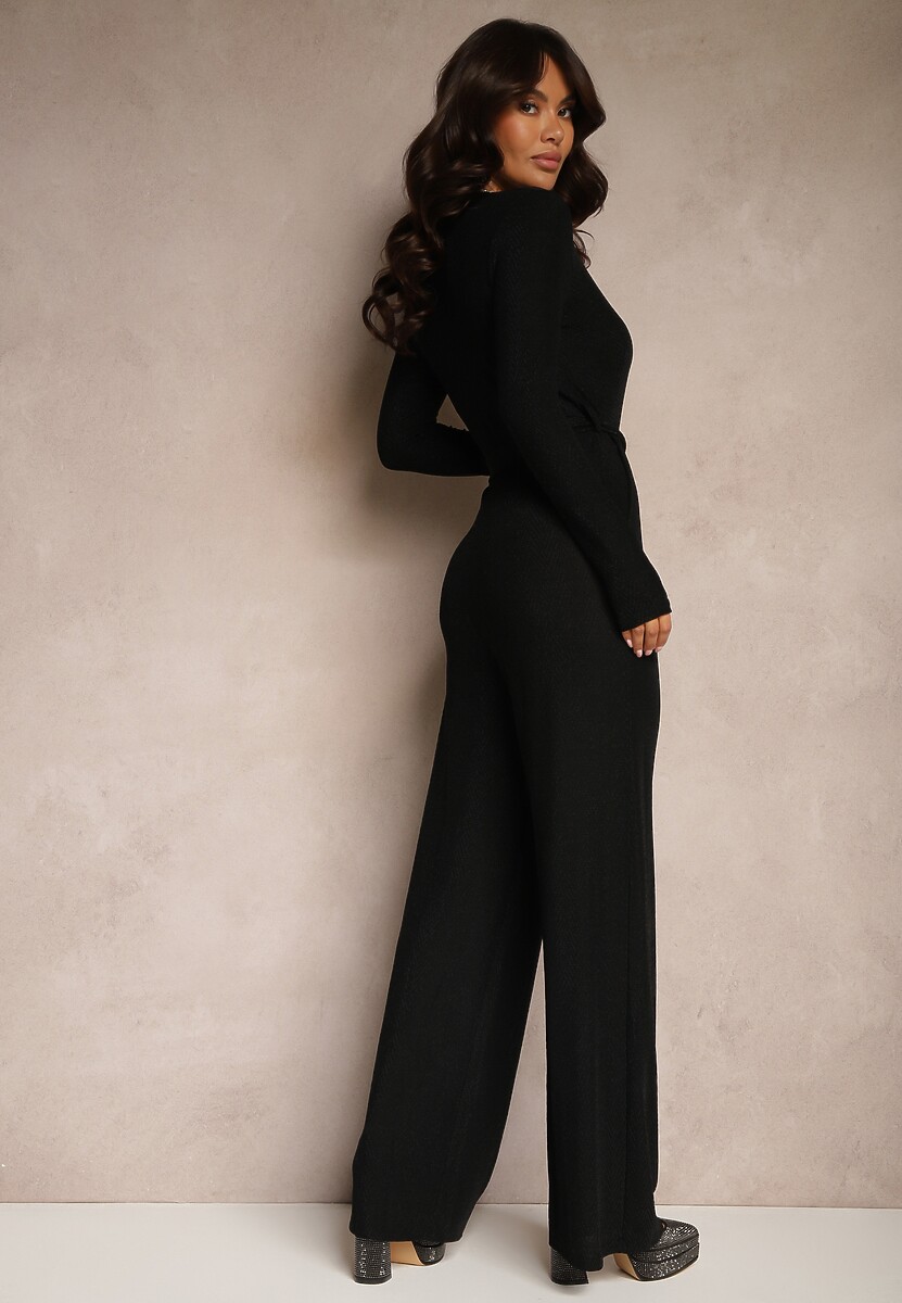 Czarny Koktajlowy Kombinezon z Wiskozą Metaliczną Nicią i Paskiem Lilanea