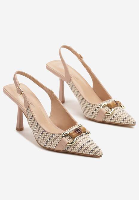 Beżowe Plecione Sandały Szpilki Typu Slingback Ozdobione Klamrą Avenis