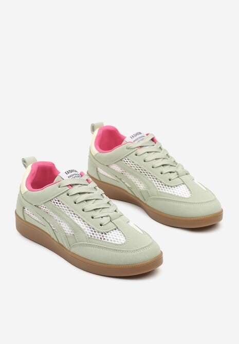 Jasnozielone Sneakersy ze Wstawkami z Siatki i Paskami na Boku Garisen