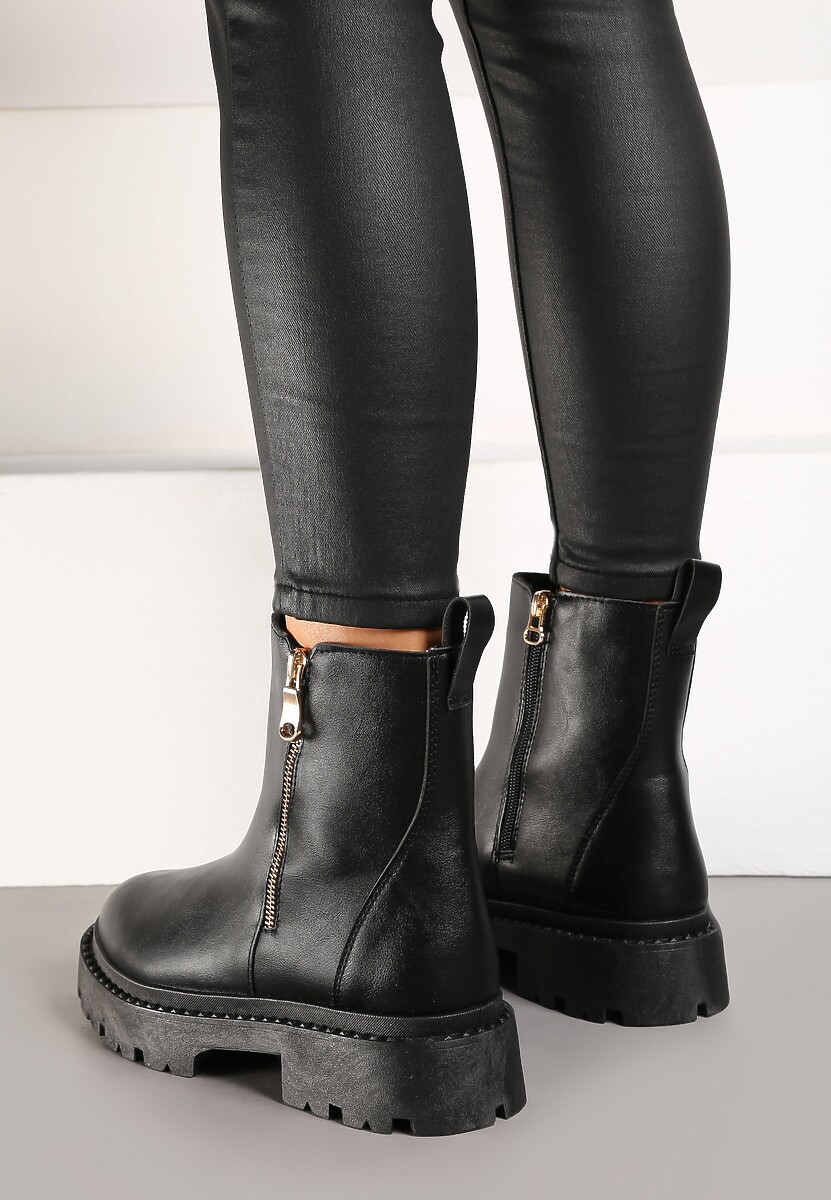 Czarne Płaskie Botki z Suwakiem Tinaferr