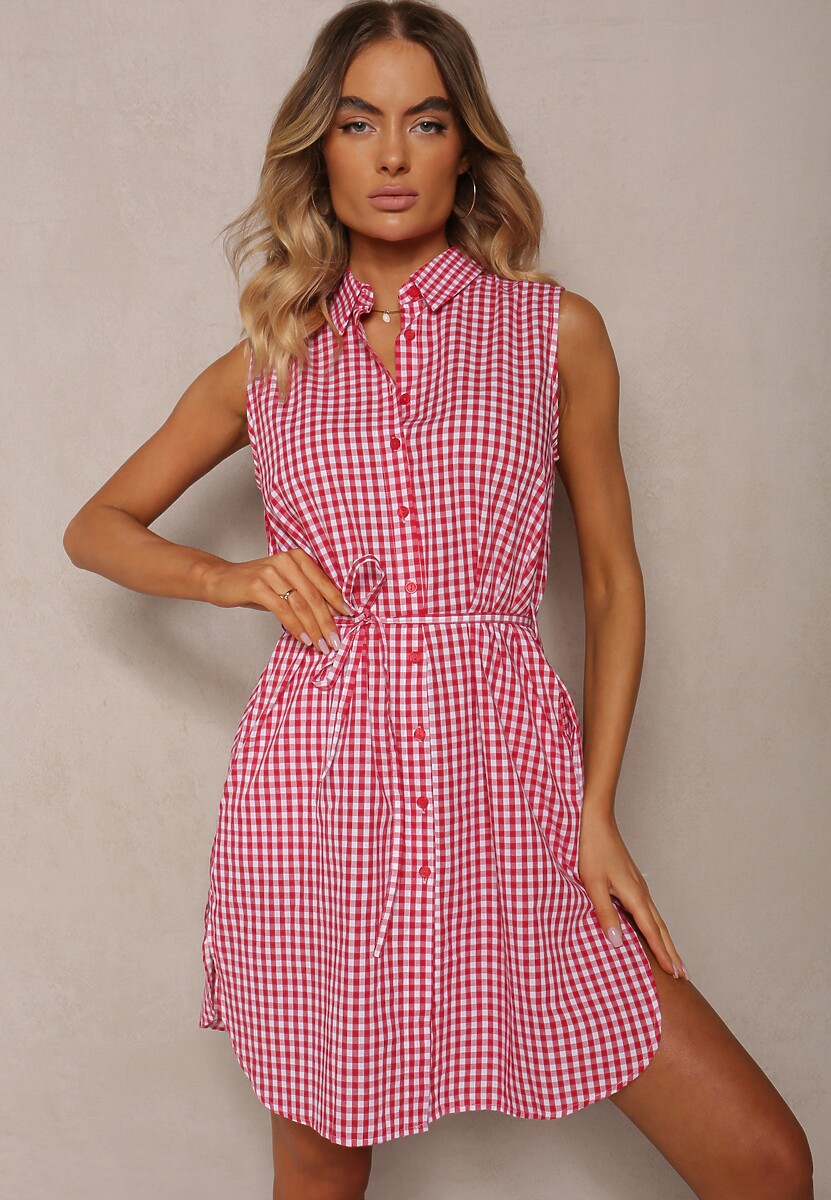 Czerwona Wiskozowa Sukienka o Koszulowym Kroju z Paskiem w Talii Rivaelles